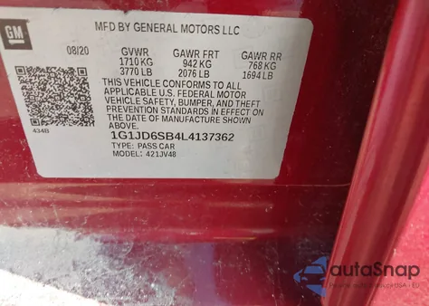 2020 Chevrolet Sonic from USA, damaged, VIN 1G1JD6SB4L4137362